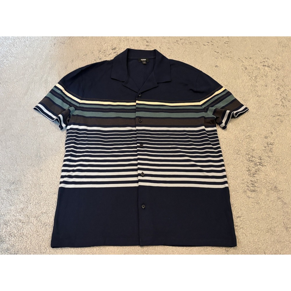 Express Pima Cotton Navy Blue Striped Short Sleeve Button Up Shirt Mens Medium